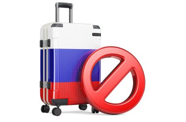 Rusya Giriş Yasağı. İçinde Rus bayrağı ve içki yasağı işareti olan bavul. Beyaz arkaplanda 3B görüntüleme izole edildi