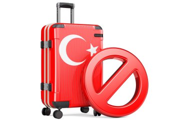 Türkiye Giriş Yasağı. İçinde Türk bayrağı ve yasak işareti olan bavul. Beyaz arkaplanda 3B görüntüleme izole edildi