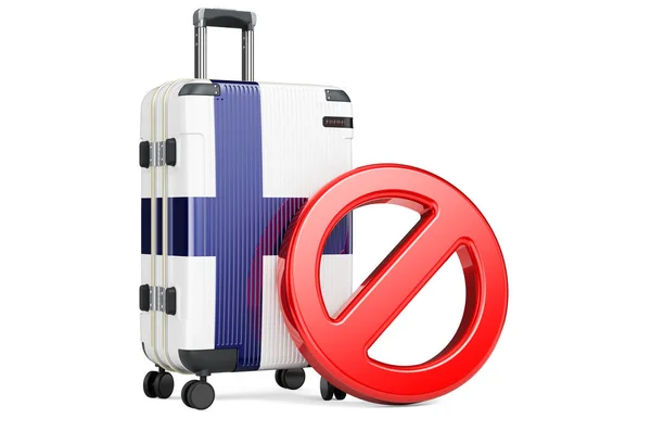 フィンランド入国禁止 フィンランドの国旗と禁止記号付きのスーツケース 白い背景に隔離された3Dレンダリング — ストック写真