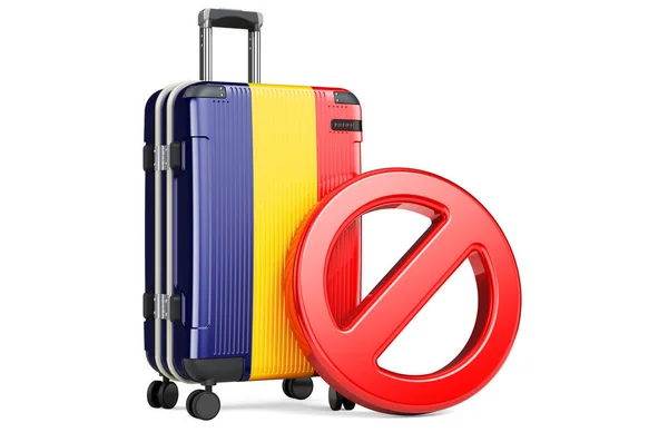 Rumänien Einreiseverbot Koffer Mit Rumänischer Flagge Und Verbotsschild Rendering Isoliert — Stockfoto