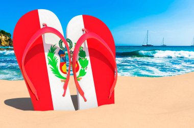 Flip flops with Peruvian flag on the beach. Peru resorts, vacation, tours, travel packages concept. 3D rendering