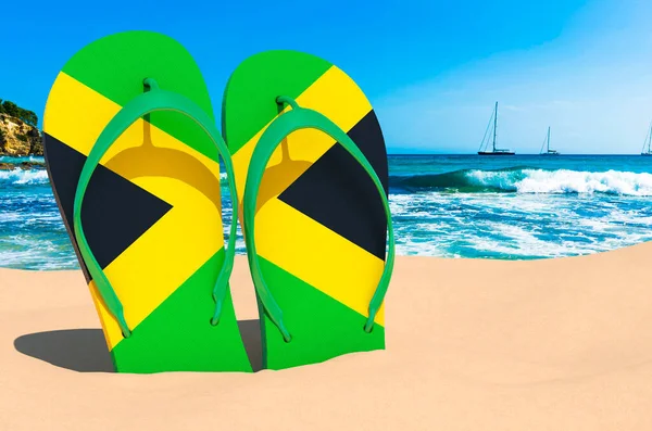 Flip Papucsok Jamaikai Zászlóval Tengerparton Jamaica Üdülőhelyek Nyaralás Túrák Utazási — Stock Fotó