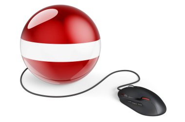 Computer mouse with Latvian flag. Internet network in Latvia concept. 3D rendering isolated on white background  
