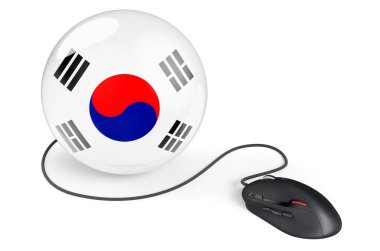 Güney Kore bayrağı taşıyan bilgisayar faresi. Güney Kore konseptinde internet ağı. Beyaz arkaplanda 3B görüntüleme izole edildi  