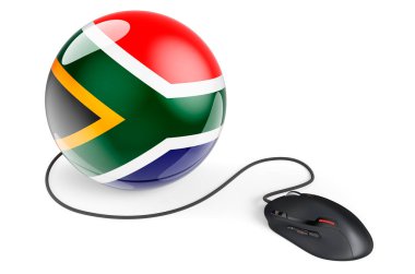 Güney Afrika bayrağı taşıyan bilgisayar faresi. Güney Afrika konseptinde internet ağı. Beyaz arkaplanda 3B görüntüleme izole edildi  