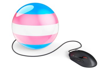 Transseksüel bayraklı bilgisayar faresi, beyaz arkaplanda 3 boyutlu görüntüleme 