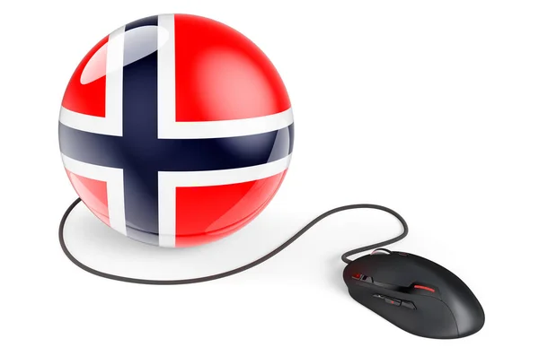 ノルウェーの旗を持つコンピュータマウス ノルウェーの概念におけるインターネットネットワーク 白い背景に隔離された3Dレンダリング — ストック写真