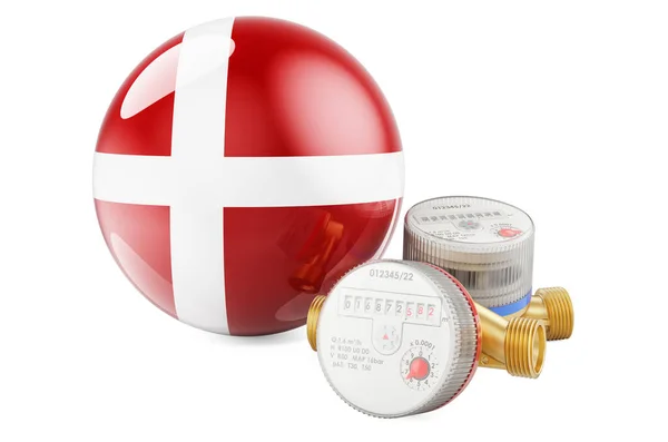Spotřeba Vody Dánsku Vodoměry Dánskou Vlajkou Vykreslování Izolované Bílém Pozadí — Stock fotografie