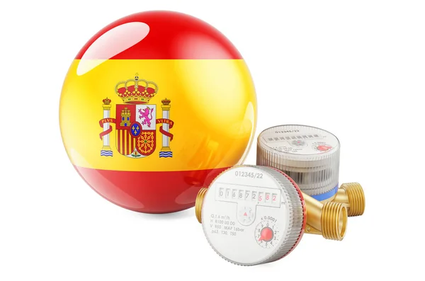 Water Consumption Spain Water Meters Spanish Flag Rendering Isolated White — Φωτογραφία Αρχείου