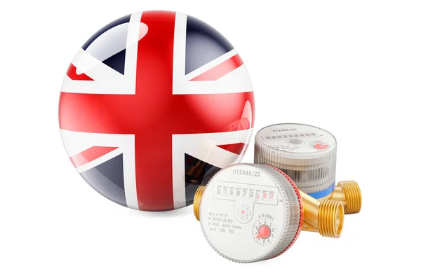 Vízfogyasztás Nagy Britanniában Vízmérők Brit Zászlóval Renderelés Elszigetelt Fehér Háttér — Stock Fotó