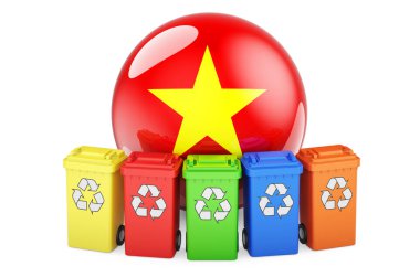 Vietnam 'da atık geri dönüşümü. Vietnam bayrağı taşıyan renkli geri dönüşüm kutuları, beyaz arkaplanda 3 boyutlu görüntüleme