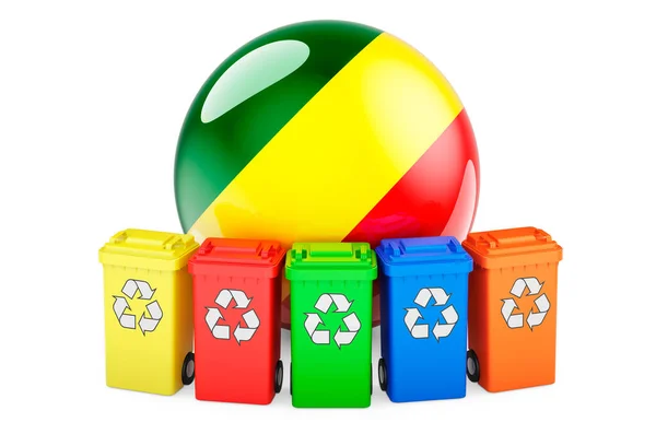 Reciclagem Resíduos Congo Caixas Reciclagem Coloridas Com Bandeira Congolesa Renderização — Fotografia de Stock