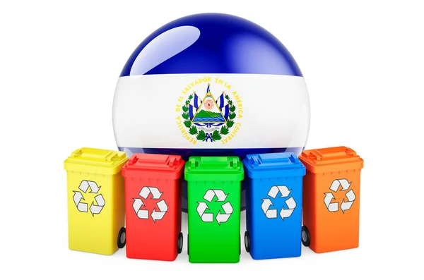 Waste Recycling Salvador Colored Recycling Bins Salvadoran Flag Rendering Isolated — Stock Photo, Image