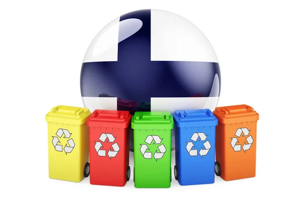 Reciclagem Resíduos Finlândia Caixas Reciclagem Coloridas Com Bandeira Finlandesa Renderização — Fotografia de Stock