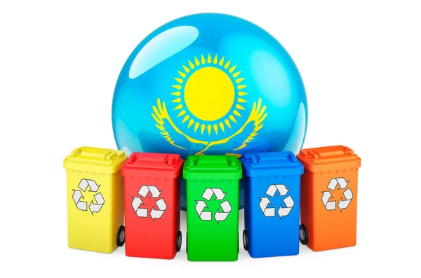 Recykling Odpadów Kazachstanie Kolorowe Kosze Śmieci Kazachską Flagą Renderowanie Izolowane — Zdjęcie stockowe