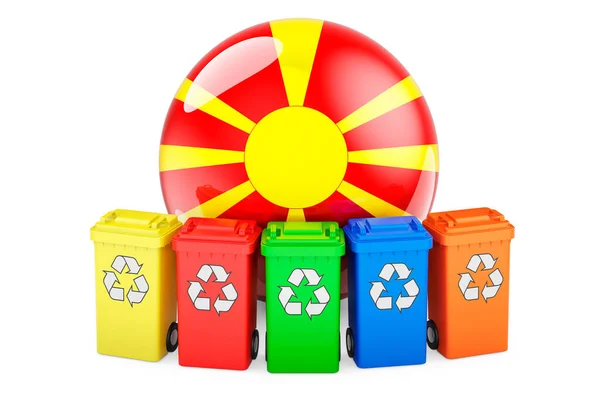 Reciclagem Resíduos Macedónia Caixas Reciclagem Coloridas Com Bandeira Macedônia Renderização — Fotografia de Stock