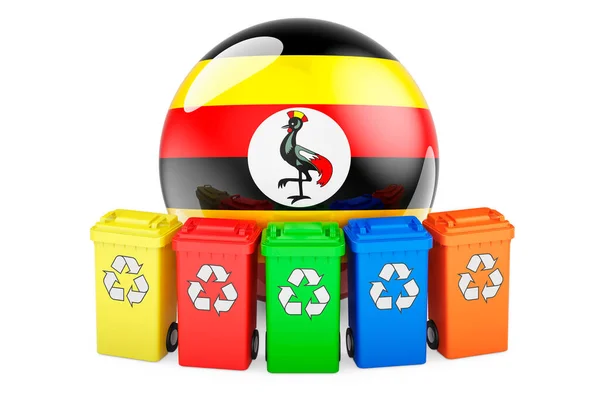 Reciclagem Resíduos Uganda Caixas Reciclagem Coloridas Com Bandeira Ugandense Renderização — Fotografia de Stock