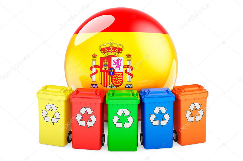 Waste recycling in Spain. Colored recycling bins with Spanish flag, 3D rendering isolated on white background