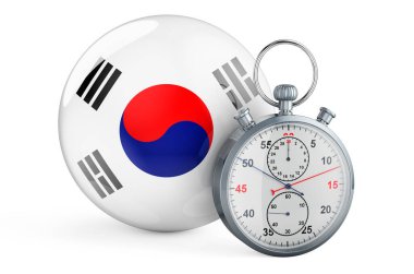 Güney Kore bayrağına sahip sttopwatch, beyaz arkaplanda 3 boyutlu görüntüleme