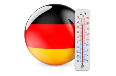 Alman bayrağıyla termometre. Almanya 'da sıcaklık kavramı. Beyaz arkaplanda 3B görüntüleme izole edildi