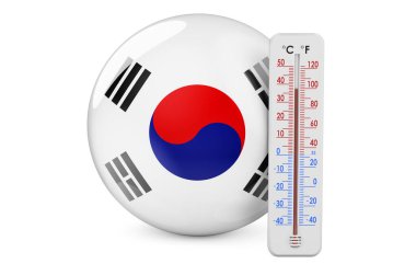 Güney Kore bayrağıyla termometre. Güney Kore kavramında sıcaklık. Beyaz arkaplanda 3B görüntüleme izole edildi