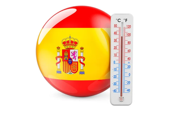 Spanyol Bayrağıyla Termometre Spanya Sıcaklık Kavramı Beyaz Arkaplanda Görüntüleme Izole — Stok fotoğraf