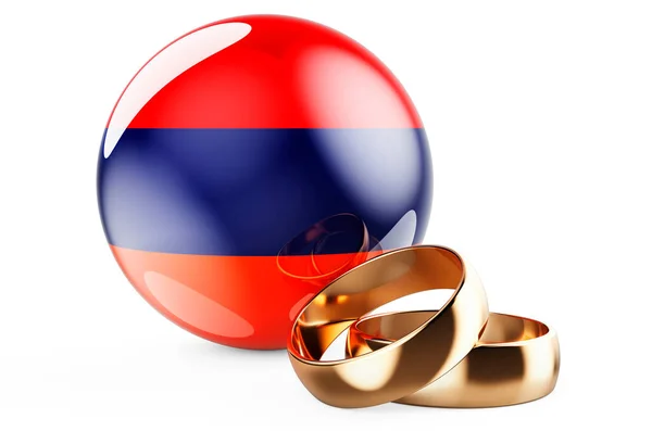 亚美尼亚的婚礼概念 亚美尼亚国旗的结婚戒指 在白色背景上孤立的3D渲染 — 图库照片
