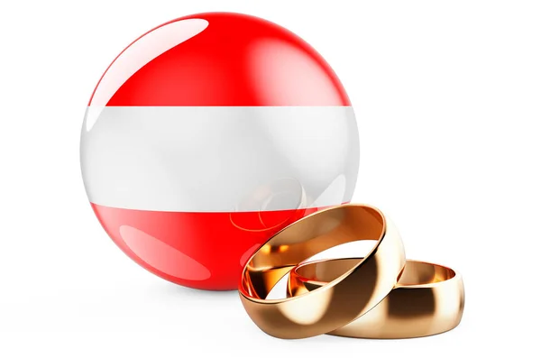 Bröllop Österrike Koncept Bröllopsringar Med Österrikisk Flagg Rendering Isolerad Vit — Stockfoto