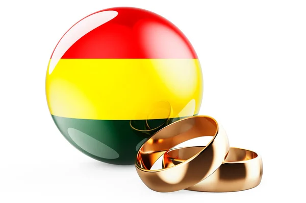 玻利维亚的婚礼概念 有玻利维亚国旗的结婚戒指 在白色背景上孤立的3D渲染 — 图库照片