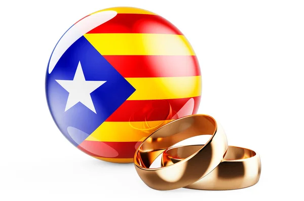 Matrimoni Catalogna Concetto Anelli Nuziali Con Bandiera Catalana Rendering Isolato — Foto Stock