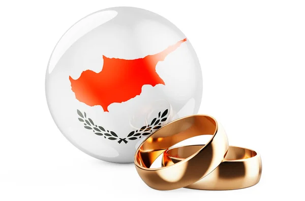 塞浦路斯的婚礼概念 结婚戒指上有塞浦路斯国旗 在白色背景上孤立的3D渲染 — 图库照片