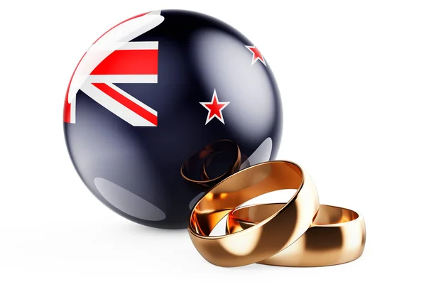 Weddings New Zealand Concept Wedding Rings New Zealand Flag Rendering — Stock Photo, Image