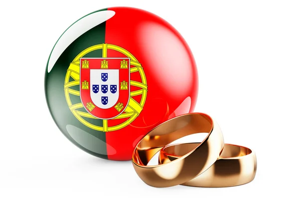 Weddings Portugal Concept Wedding Rings Portuguese Flag Rendering Isolated White — Stock Photo, Image