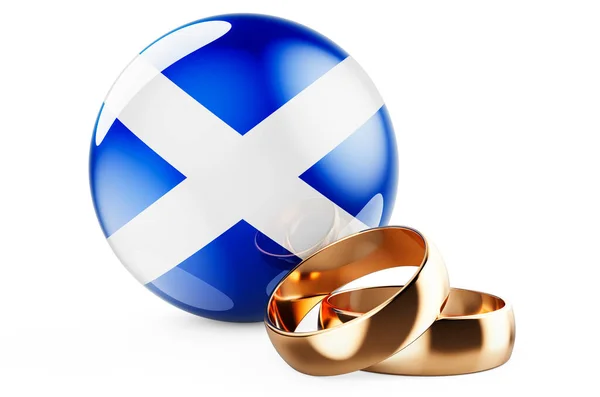 Matrimoni Scozia Concetto Anelli Nuziali Con Bandiera Scozzese Rendering Isolato — Foto Stock