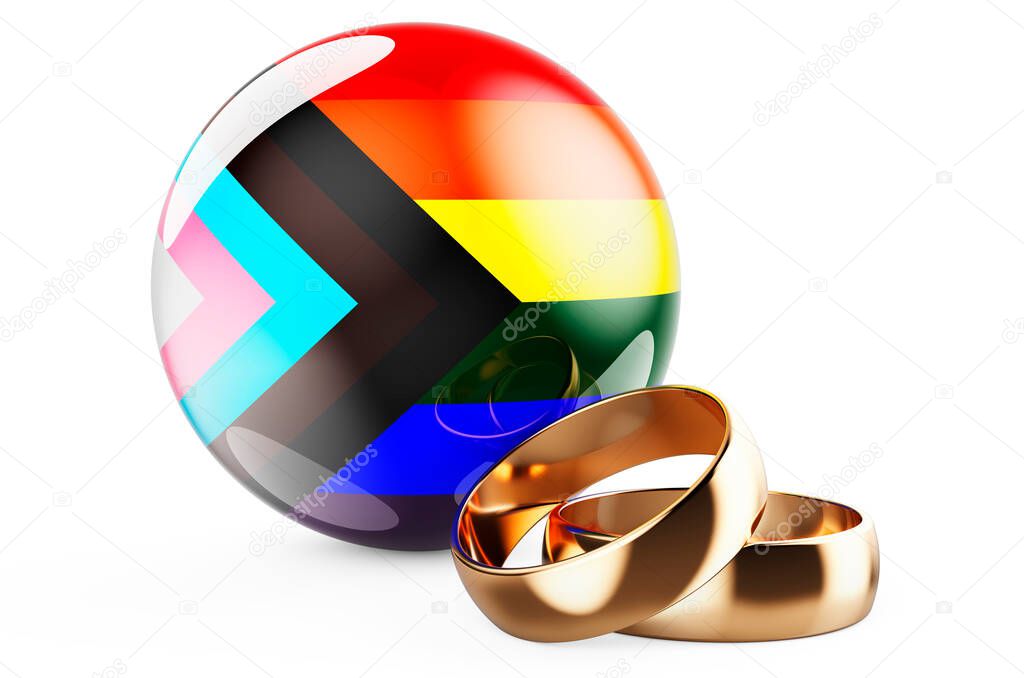 Wedding rings with modern pride flag. 3D rendering isolated on white background