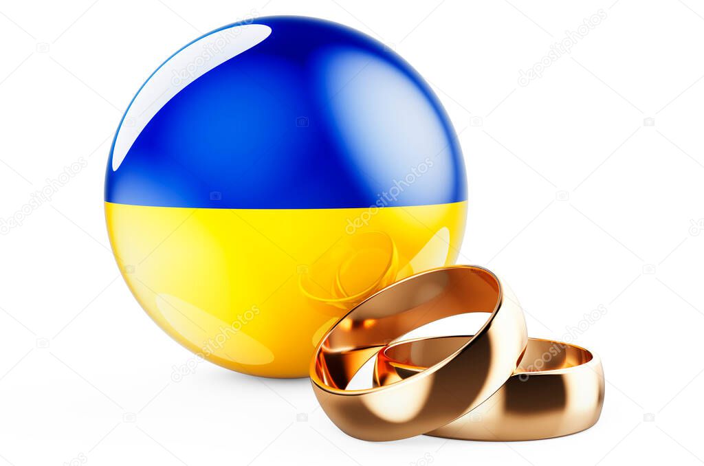 Weddings in Ukraine concept. Wedding rings with Ukrainian flag. 3D rendering isolated on white background