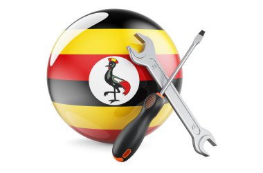 Uganda konseptinde hizmet ve onarım. Ugandalı tornavida ve ingiliz anahtarı, beyaz arkaplanda 3 boyutlu görüntüleme
