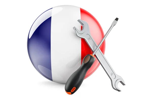 Servis Opravy Francii Šroubovák Klíč Francouzskou Vlajkou Vykreslování Izolováno Bílém — Stock fotografie