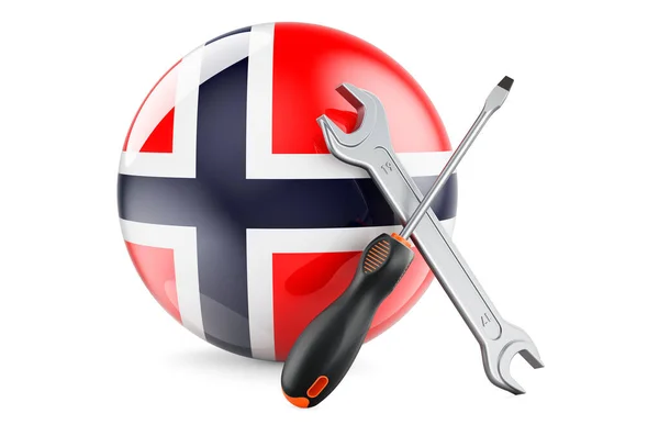 ノルウェーのコンセプトでサービスと修理 ドライバーとレンチはノルウェー国旗 3Dレンダリングは白い背景に隔離されています — ストック写真