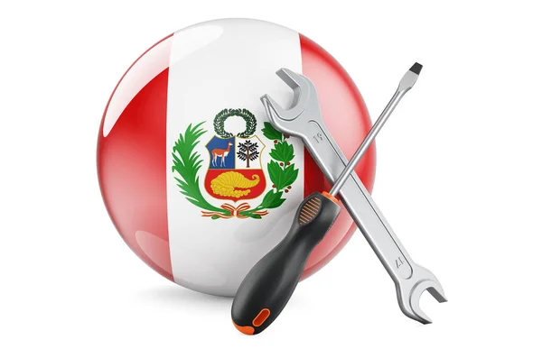 ペルーのコンセプトでサービスと修理 スクリュードライバーとペルーの旗とレンチ 白の背景に隔離された3Dレンダリング — ストック写真