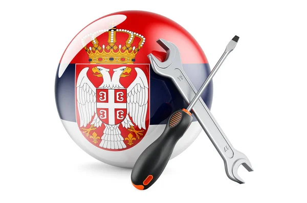 Service Reparatie Servië Concept Schroevendraaier Moersleutel Met Servische Vlag Rendering — Stockfoto