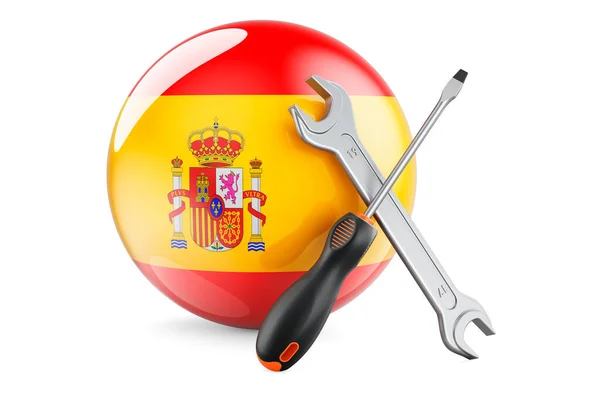 Spanya Konseptinde Hizmet Onarım Spanyol Bayrağı Taşıyan Tornavida Ingiliz Anahtarı — Stok fotoğraf