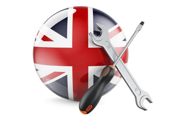 Сервис Ремонт Концепции Великобритании Отвертка Гаечный Ключ Британским Флагом Рендеринг — стоковое фото