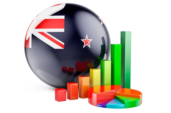 新西兰的标志与成长条形图和饼图 Business Finance Economic Statistics New Zealand Concept 在白色背景上孤立的3D渲染 — 图库照片