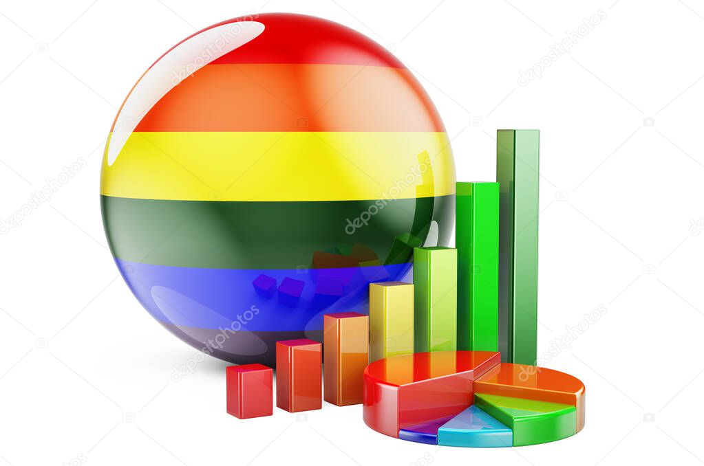 LGBT gay rainbow flag with growth bar graph and pie chart. 3D rendering isolated on white background
