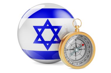 Compass with Israeli flag. Travel and tourism in Israel concept. 3D rendering isolated on white background