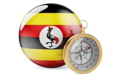 Compass with Ugandan flag. Travel and tourism in Uganda concept. 3D rendering isolated on white background