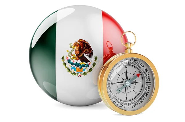 拿着墨西哥国旗的指南针旅行和旅游在墨西哥的概念 在白色背景上孤立的3D渲染 — 图库照片