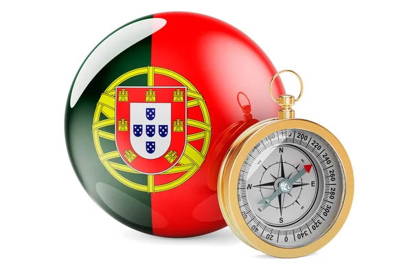 Compass Portuguese Flag Travel Tourism Portugal Concept Rendering Isolated White — Stock Photo, Image