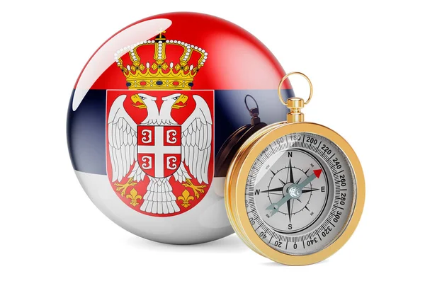 Kompas Met Servische Vlag Reizen Toerisme Servië Concept Rendering Geïsoleerd — Stockfoto
